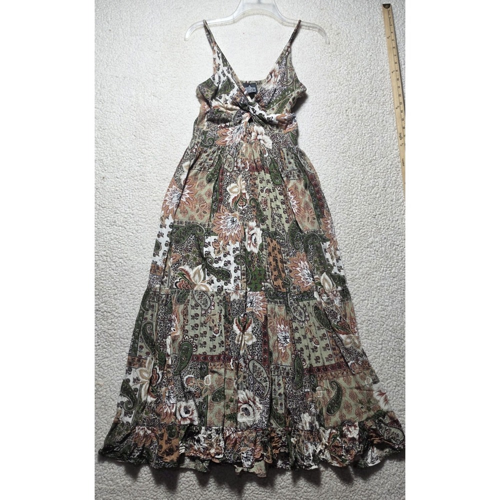Angie Womens Paisley Patchwork Maxi Dress Large Green Brown Twist Front Boho